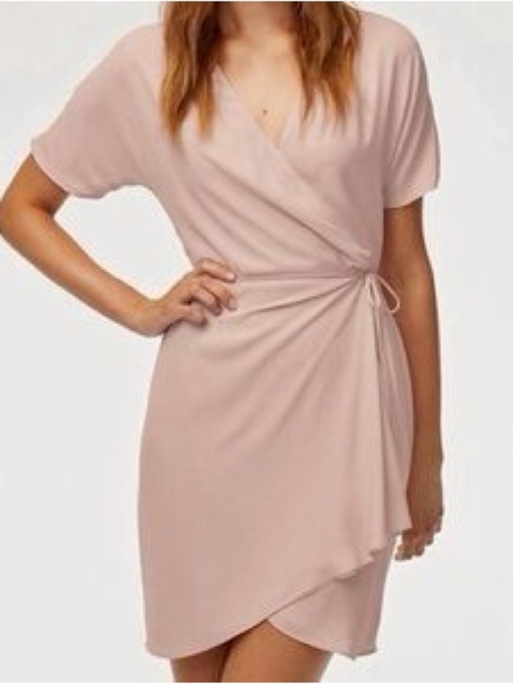 Aritzia Babaton Wallace Tie Waist Wrap Mini Dress Short Sleeve- Pale Pink Medium